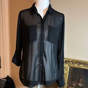 Dots Black Sheer Button-Up Blouse Size M